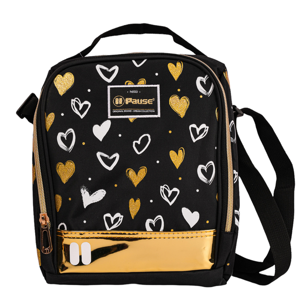 Black X Gold Hearts Pause Insulated Lunch Bag