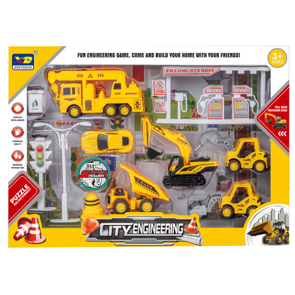City Engineering Vehicle Set with Traffic Lights and Gas Station